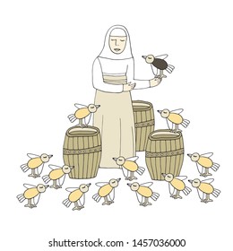 Illustration with yellow birds and a religious Christian woman who holds in her hands a different, not like all, black bird