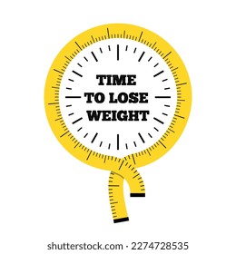 Illustration of a yellow, black clock with a stroke of a yellow measuring tape with a black inscription inside the time to lose weight on a white  background