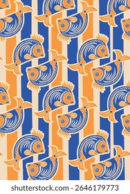 Illustration of yellow and blue fish collage style on line background. Poster concept, vector