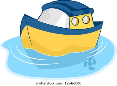 Illustration of a Yellow and Blue Toy Boat on Water