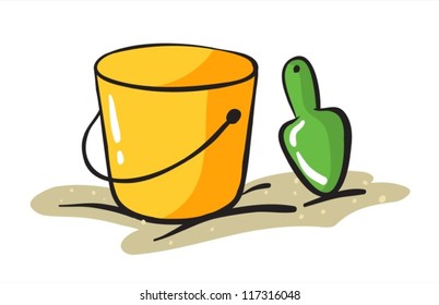 illustration of yellow bucket and scraper on a white background