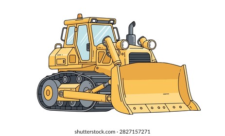 Illustration of a yellow bulldozer with a large blade and tracks on a plain white background.	