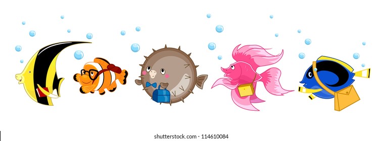 Illustration of a Yellow Butterfly Fish, Clownfish, Pufferfish, Siamese Fighting Fish, and Blue Tang on Their Way to School