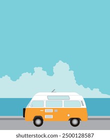 Illustration of a yellow camper van, a minibus driving on a road with the sea as a background, with the concept of travel, trip, camping, adventure and vacation.