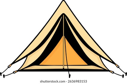 Illustration of a yellow camping tent with black outline. Simple shape without background. Ideal for travel, hiking, camping and outdoor themes.
