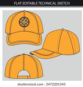 Illustration of  yellow cap flat sketch technical sketch.