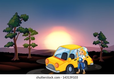 Illustration of a yellow car with a flat tire