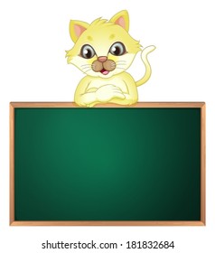 Illustration of a yellow cat above the empty blackboard on a white background