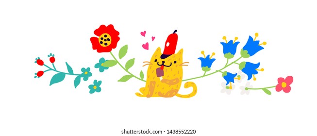 Illustration of a yellow cat in a red cap with an ice cream. Vector. Children's cartoon, doodle style. Illustration for postcard or congratulations. Institutions for children. Flower ornament.