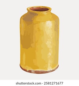 Illustration of a yellow ceramic vase. The vase is tall and cylindrical. Ceramic vase perfect for decor. Bright yellow ceramic piece. Vintage home decor illustration vector.