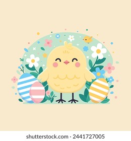 Illustration of a yellow chicken among flowers for an Easter card or holiday decoration