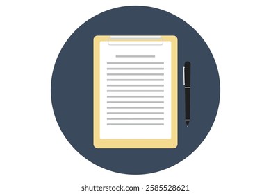 An illustration of a yellow clipboard with a lined paper and a black pen placed beside it, set against a dark circular background.