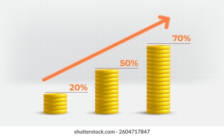 Illustration of yellow coin stacks showing growth represented by an ascending arrow.