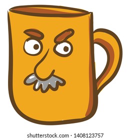 An illustration of a yellow color Mug with angry face of man with Moustache, vector, color drawing or illustration. 