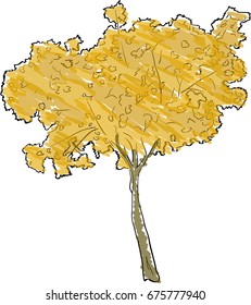 illustration with yellow colored tree sketch isolated on white background