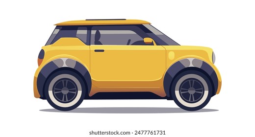 Illustration of a yellow compact car viewed from the side on a white background. Vector illustration