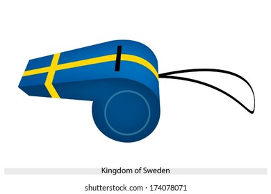 An Illustration of Yellow Cross on A Blue Field of The Kingdom of Sweden Flag on A Whistle, The Sport Concept and Political Symbol. 