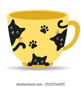 Illustration of yellow cup with black cats on white background.