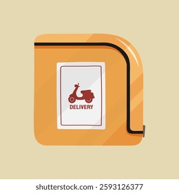 Illustration of a yellow delivery box with a scooter icon and 'delivery' text. The delivery box is square with a black stripe. Ideal for delivery service themes. Vector illustration.