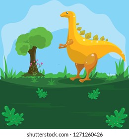 Illustration of a yellow dinosaur on a green land with a blue sky background