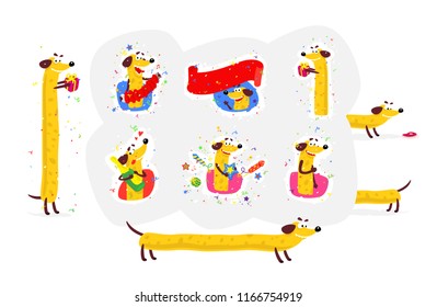 Illustration of a yellow dog. Vector. Dog stickers for banner, website and print. Images are isolated on background. Fashionable bright illustration. Mascot for the store, brand. Cheese dog, hot dog.