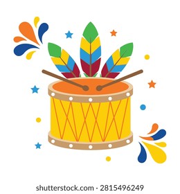 Illustration of a yellow drum with orange top, brown sticks and multicolored feathers on top, surrounded by stars and confetti