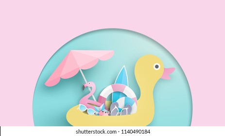 Illustration of yellow duck swim ring and beach equipment in summer. pastel color. paper cut and craft style. Vector, illustration.