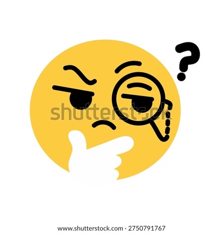 Illustration of a yellow emoji face thinking with its hand on its chin, using a monocle (eye magnifying glass) and a question mark symbol, expressing curiosity or analysis.