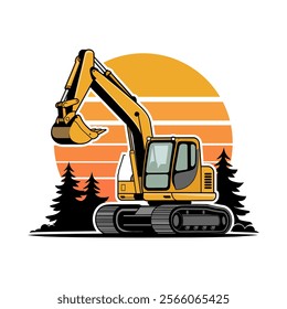 Illustration Of A Yellow Excavator, Set Against A Sunset Background With Stylized Clouds And Pine Trees.