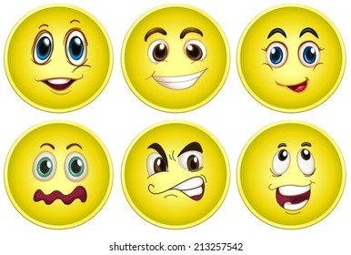 Ilustração de rostos amarelos com diferentes emoções