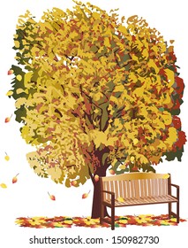 illustration with yellow fall tree and bench