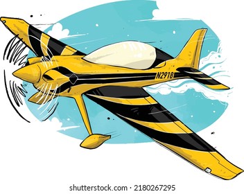 Illustration of a yellow farm plane with black stripes is flying against a sky and cloud background