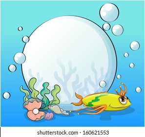 Illustration of a yellow fish at the ocean near the pearls