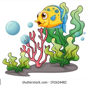 Illustration of a yellow fish under the sea near the seaweeds on a white background