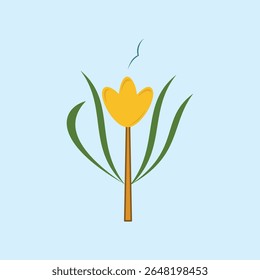 Illustration of yellow flower with brown stem and green leaves on light blue background, suitable for nature theme, beauty, freshness, decoration, and natural design. Design illustration elements