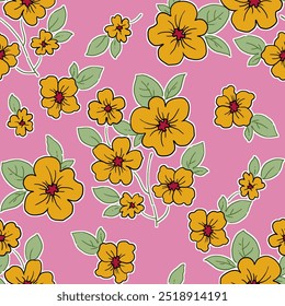 Illustration yellow flowers arranged on a pink background. Seamless design for printing.