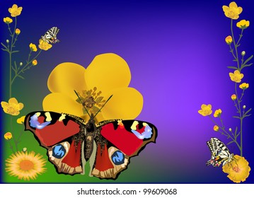 illustration with yellow flowers and butterflies on blue background