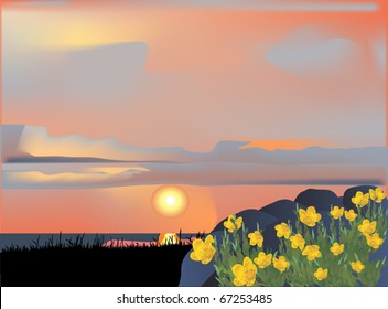 illustration with yellow flowers at sunset