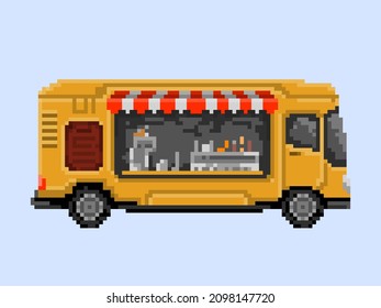 Illustration of yellow food truck in pixel art style