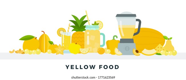 Illustration of yellow food, vegetables and fruits. kitchen scene with appliances and drinking glasses vector illustration.