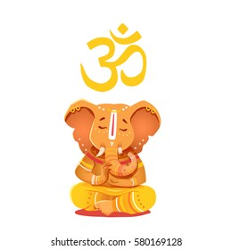 Illustration yellow Ganesh with Om symbol. Deity of the elephant-headed Indian god of wisdom and prosperity. Ganesh character can be used to print. 