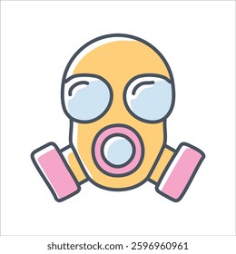 Illustration of a yellow gas mask with pink filters, round goggles. Face covering for safety