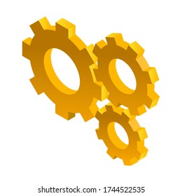 illustration yellow gears in perspective. isometric style. three cogwheels. complex mechanism. modern abstract icon