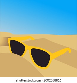 illustration of yellow glasses on the beach sand.  summer vacation concept