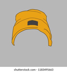 Illustration of a yellow graphic hat. Winter headgear. Linear style logo.Therely dressed