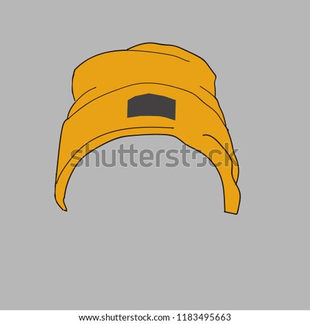 Illustration of a yellow graphic hat. Winter headgear. Linear style logo.Therely dressed