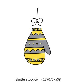An Illustration of a yellow and gray knitted mitten isolated on a white background looks like a christmas ball for decoration