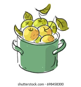 Illustration with yellow and green apples and apple leaves in a green pot