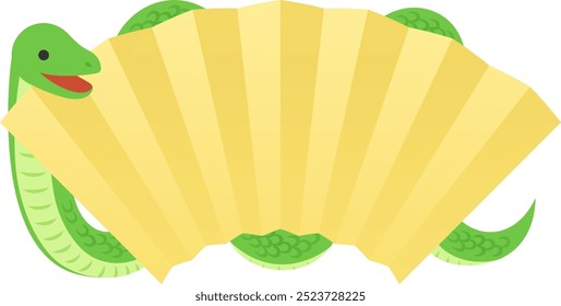 Illustration of a yellow green snake and a golden fan frame