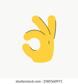 Illustration of a yellow hand making an OK gesture. The OK hand sign is shown with fingers forming a circle. Simple, bold design of OK hand symbol. Vector isolated on white.